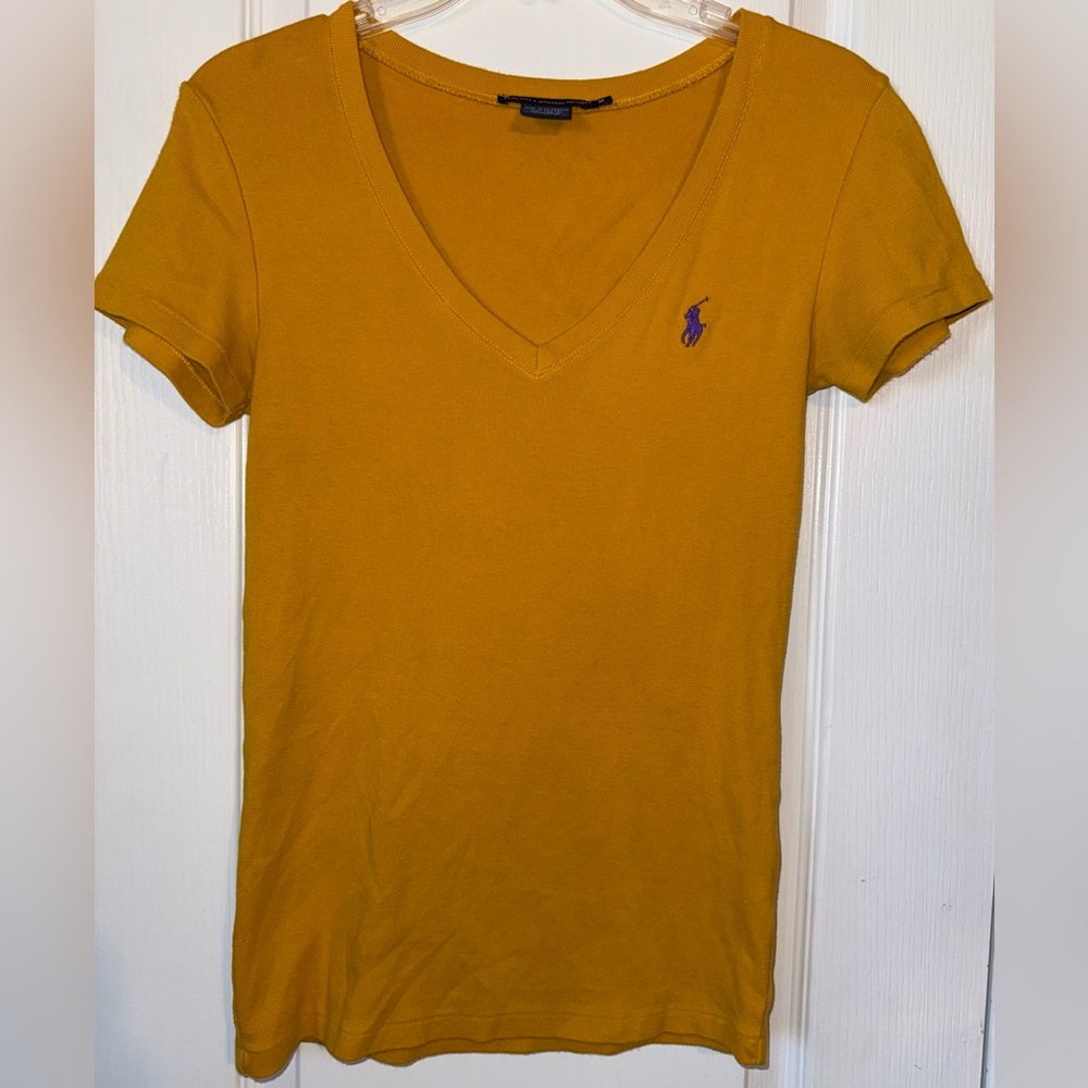Ralph Lauren Sport Mustard Yellow V-Neck Tee Purple Pony Logo Size M